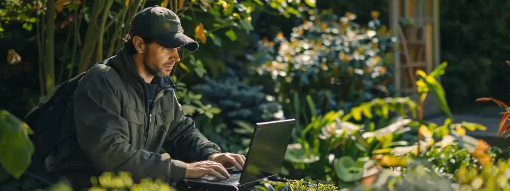 a landscaper using a laptop to research seo keywords for their business.