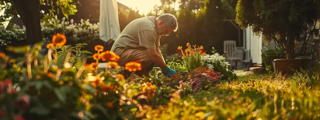 a landscaper planting flowers in a well-maintained garden with a variety of plants and shrubs.