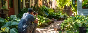 man taking a photo of a beautifully landscaped backyard garden.