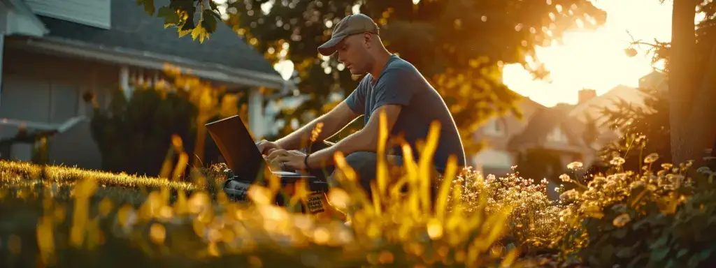 a landscaper using a computer to research competitive keywords.