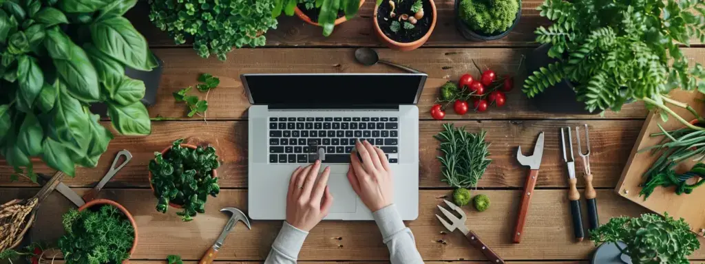 person typing on a laptop surrounded by gardening tools and plants.