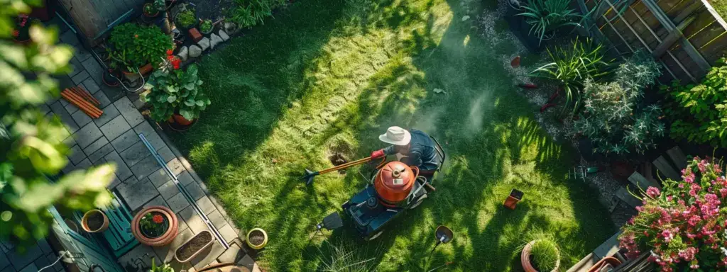 a landscaper working on a lush green lawn, surrounded by gardening tools and equipment.