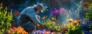 a landscaper planting flowers in a vibrant garden.