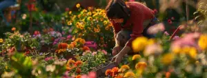 a gardener planting colorful flowers in a well-maintained garden.