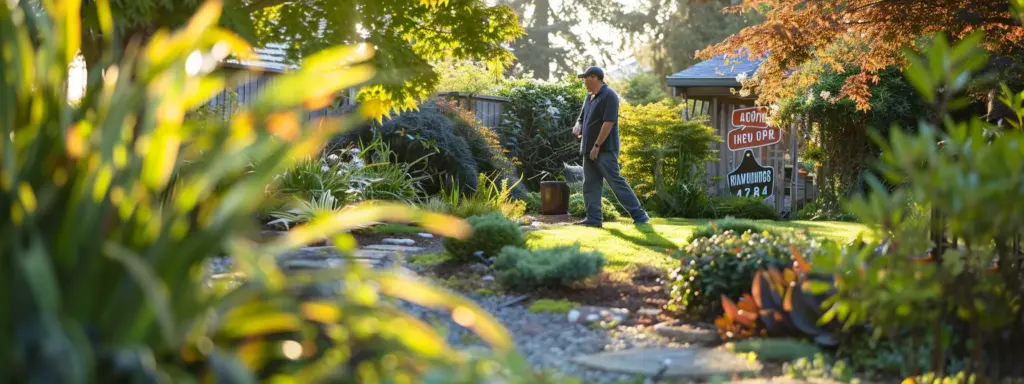 a landscaper standing next to a beautifully manicured garden with a sign promoting local seo services.