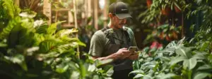 a landscaper surrounded by a lush, green garden while holding a smartphone with glowing online review stars.