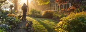 a landscaper taking a photo of a beautiful garden to share on social media.