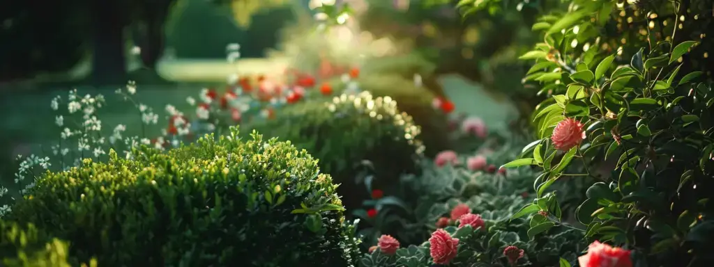 a serene garden scene with neatly trimmed bushes and colorful flowers.