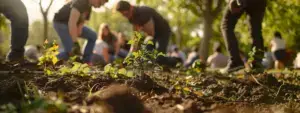 a group of landscapers planting trees in a park while community members watch and participate.