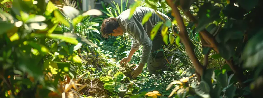 a landscaper examining and updating an overgrown garden.