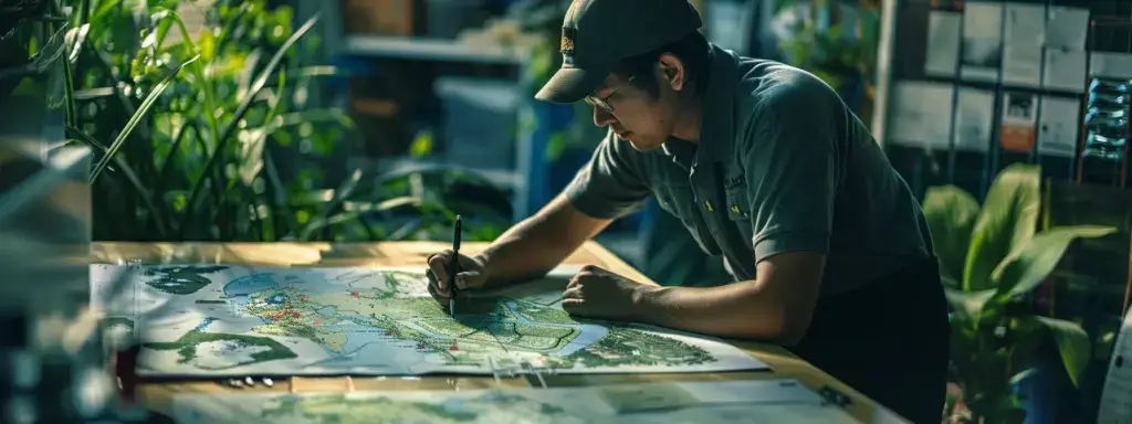 a landscaper working on optimizing their website with a map of highlighted target areas.