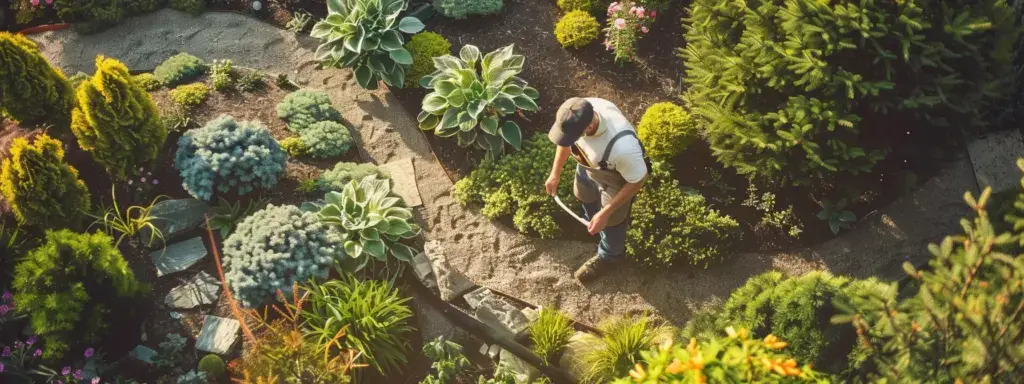 a landscaper working in a garden, designing paths and plants layout.