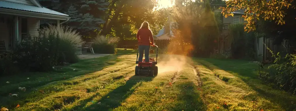 a person using a lawn mower to cut grass in a large backyard.