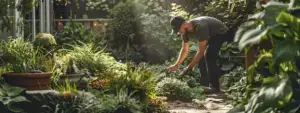 a landscaper working on a lush garden with a well-known social media influencer.
