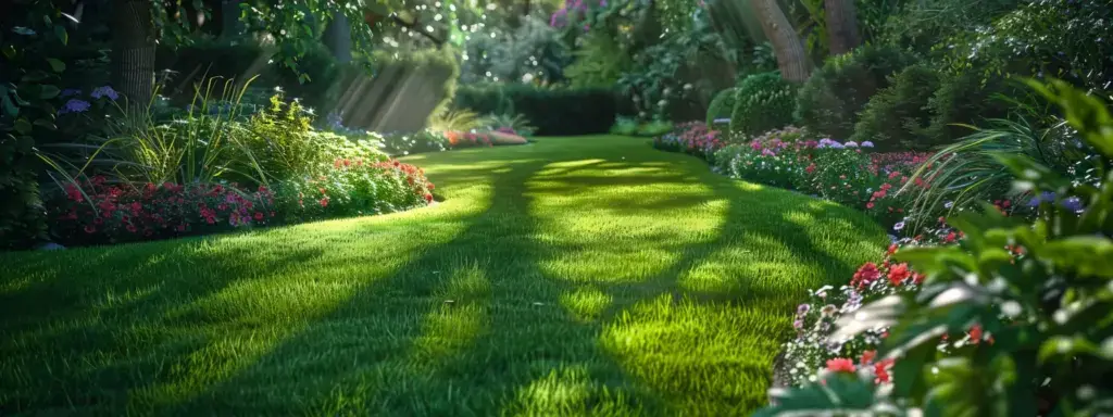 a lush green garden with colorful flowers and a neatly trimmed lawn.