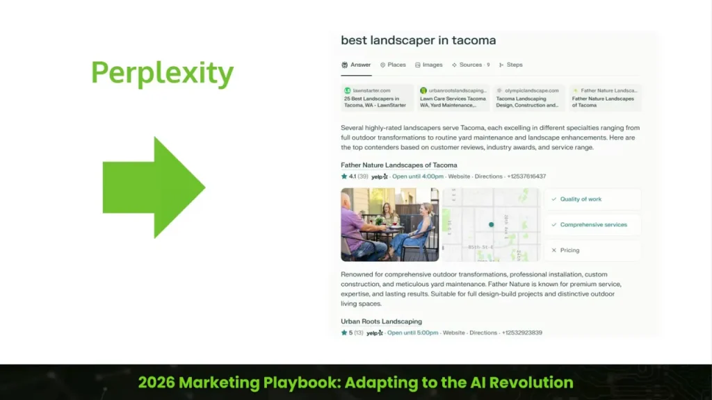 Perplexity search results for 'best landscaper in Tacoma' showing sources, local listings, map and summary.