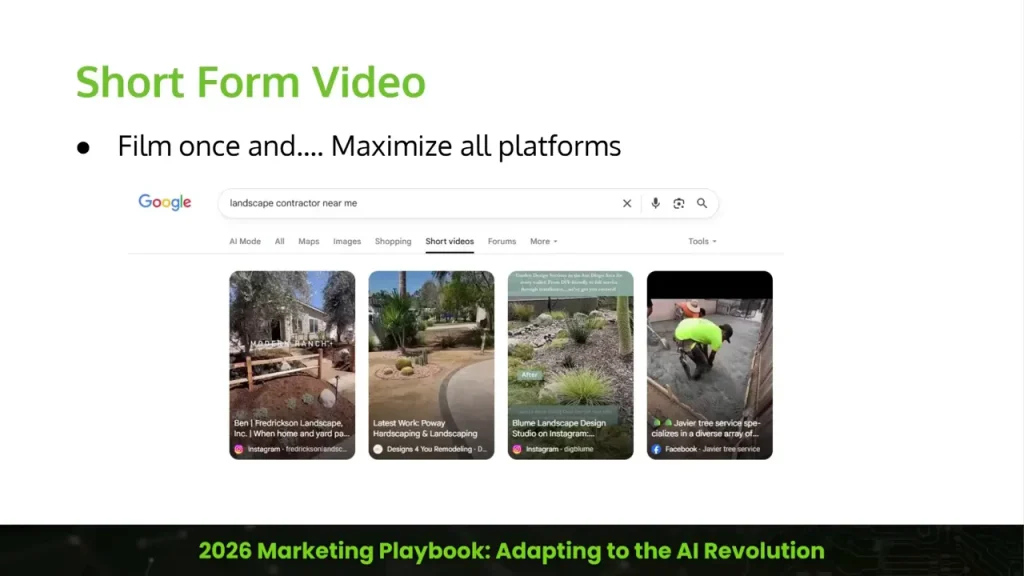 Slide titled 'Short Form Video' showing Google search results with short videos for 'landscape contractor near me'.