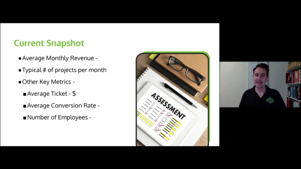 Current Snapshot slide showing bullets for average monthly revenue, typical projects per month, average ticket and conversion rate with an 'assessment' image and presenter inset