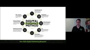 Slide titled 'Digital Dominance Method' with a presenter in a video call window on the right; diagram of marketing channels.