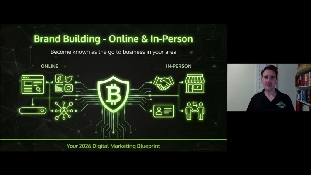 Clear presentation slide reading 'Brand Building - Online & In-Person' with neon graphics and presenter visible to the right.