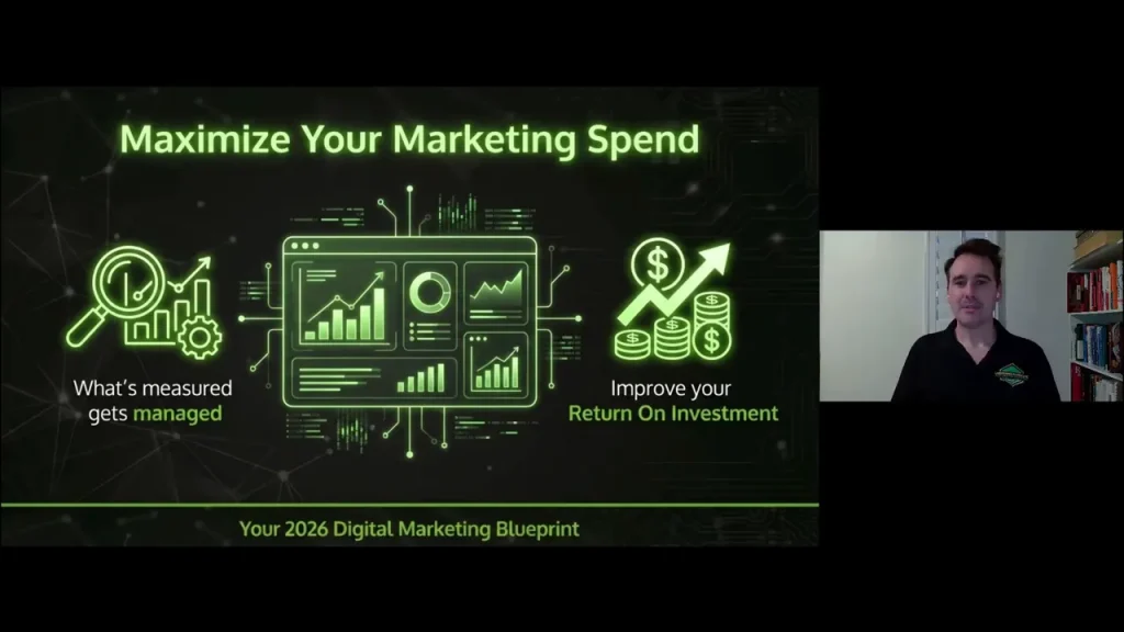Clear slide 'Maximize Your Marketing Spend' with charts and dollar graphics plus presenter on right