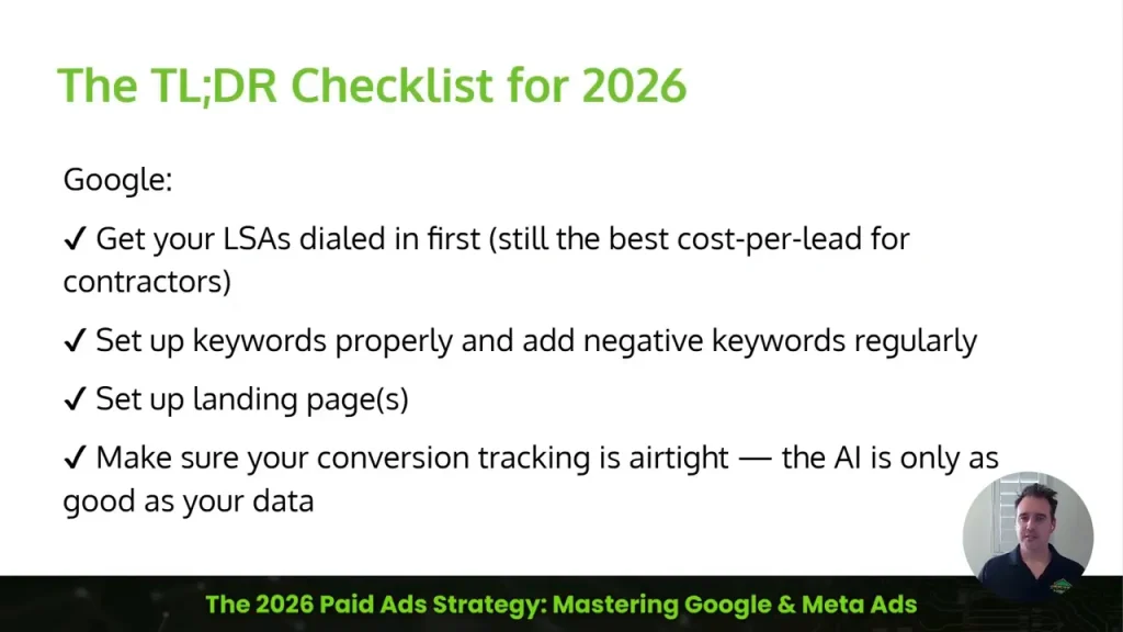 TL;DR Google Ads checklist for 2026 with Local Services, keywords, landing pages, and conversion tracking