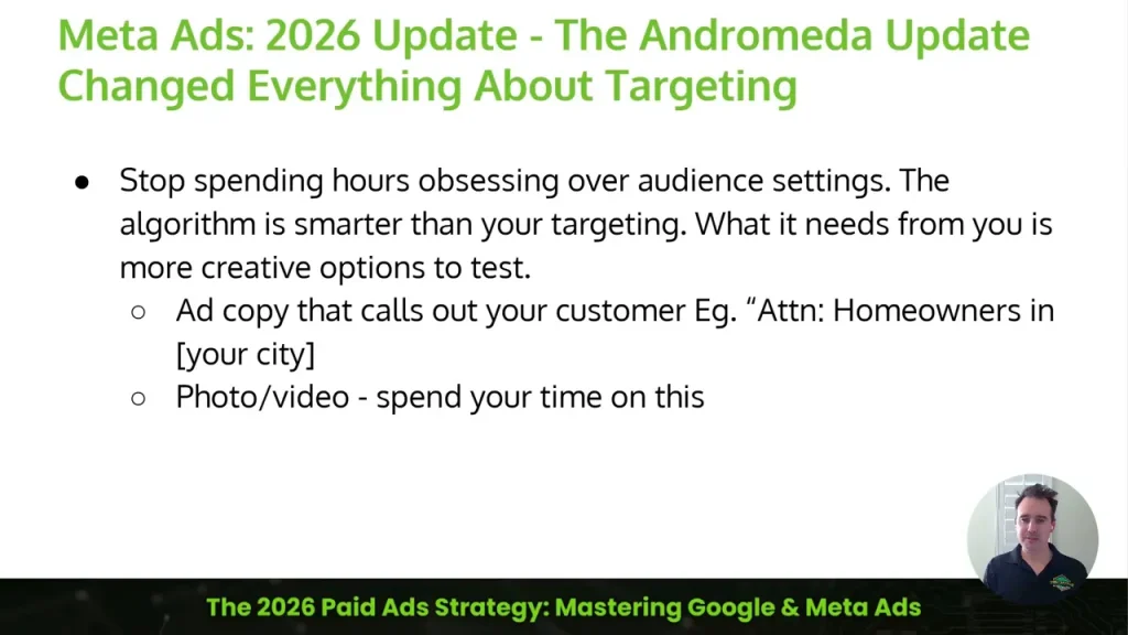 Slide showing Meta Ads 2026 Andromeda update advice to stop over-optimizing audience targeting and create more ad creative variations
