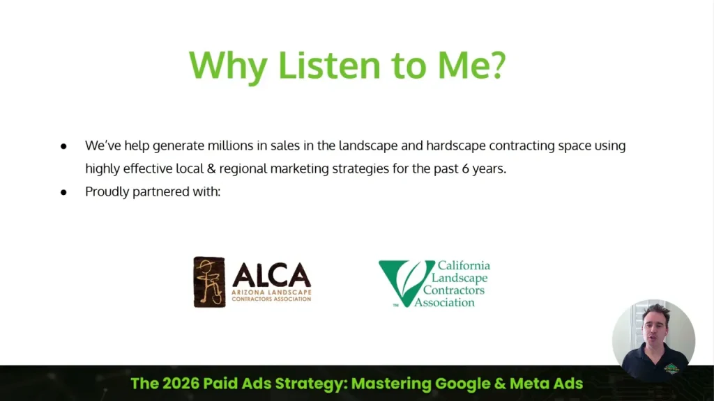 Slide titled “Why Listen to Me?” showing contractor marketing partner logos and speaker webcam thumbnail