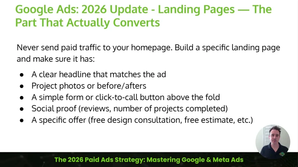 Screenshot slide: Google Ads 2026 update—landing pages that actually convert checklist for contractors