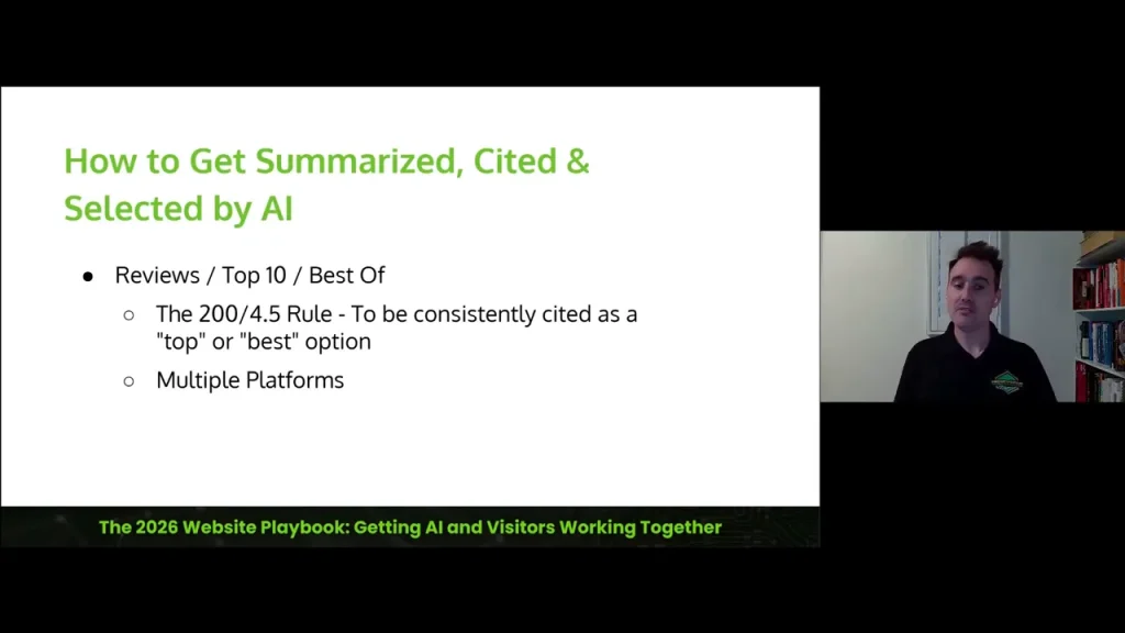 Presentation slide titled 'How to Get Summarized, Cited & Selected by AI' showing bullets for Reviews, 'The 200/4.5 Rule - To be consistently cited as a top option', and Multiple Platforms; presenter visible at right.
