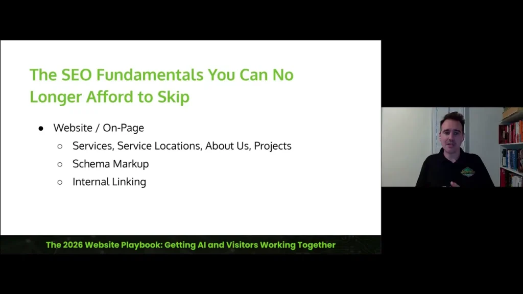 Clear presentation slide reading 'The SEO Fundamentals You Can No Longer Afford to Skip' with bullets for on-page content, schema markup, and internal linking; presenter visible at right.