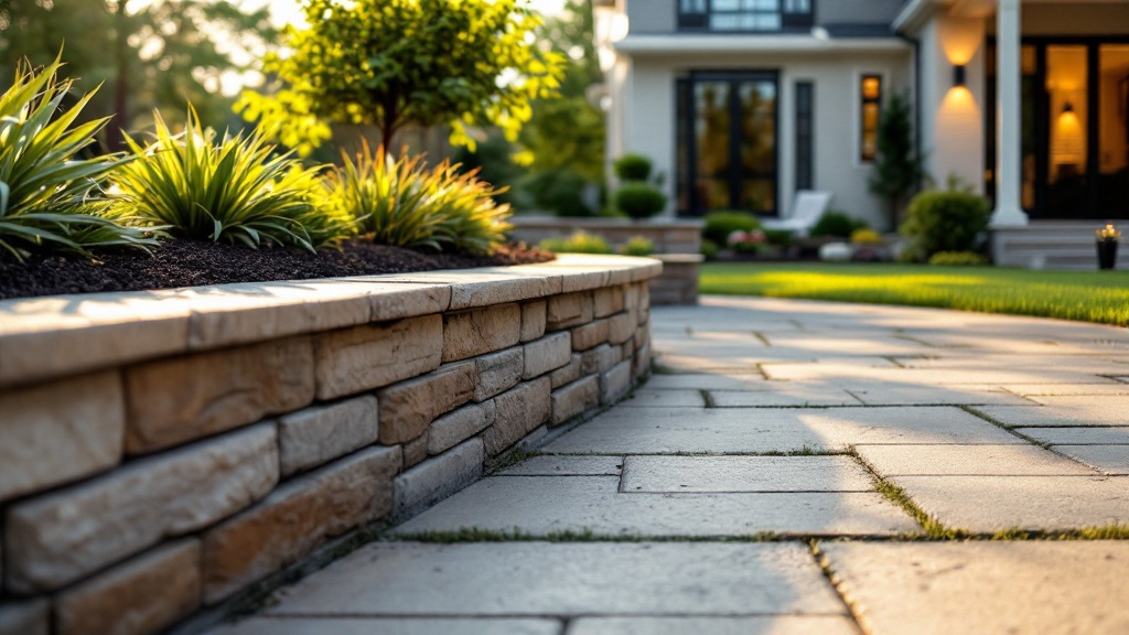 Stamped concrete patio with retaining wall and lighting