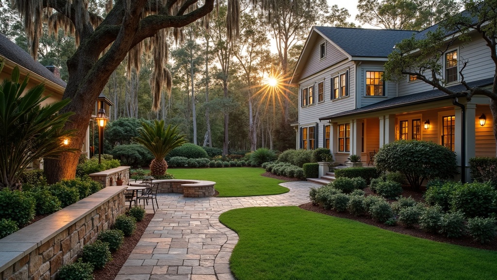 Savannah, GA stone retaining wall and garden