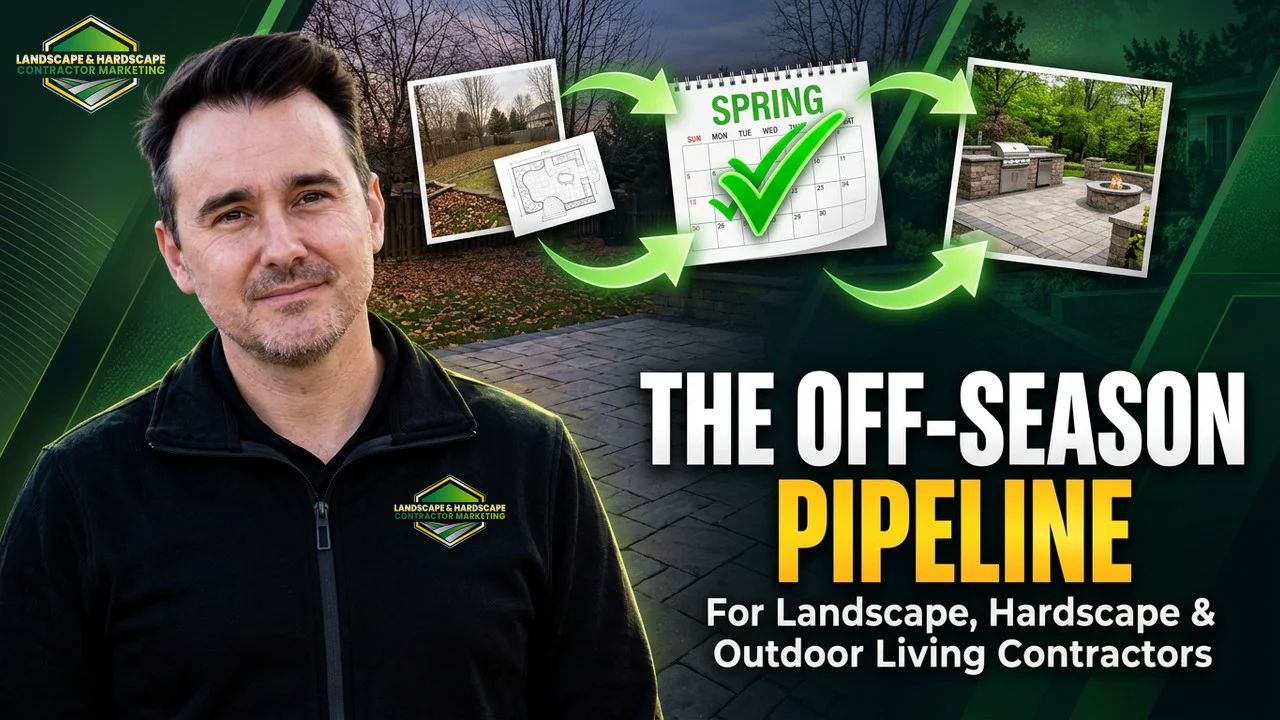 Title card for The Off-Season Pipeline workshop: Josh Blakeley beside a winter yard, a spring calendar with a check mark and a finished paver patio with an outdoor kitchen